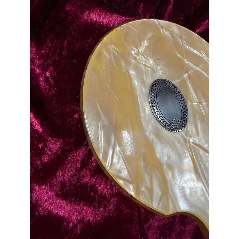 Vintage Art Deco Celluloid Vanity Hand Mirror Faux Mother of Pearl Orange Swirl